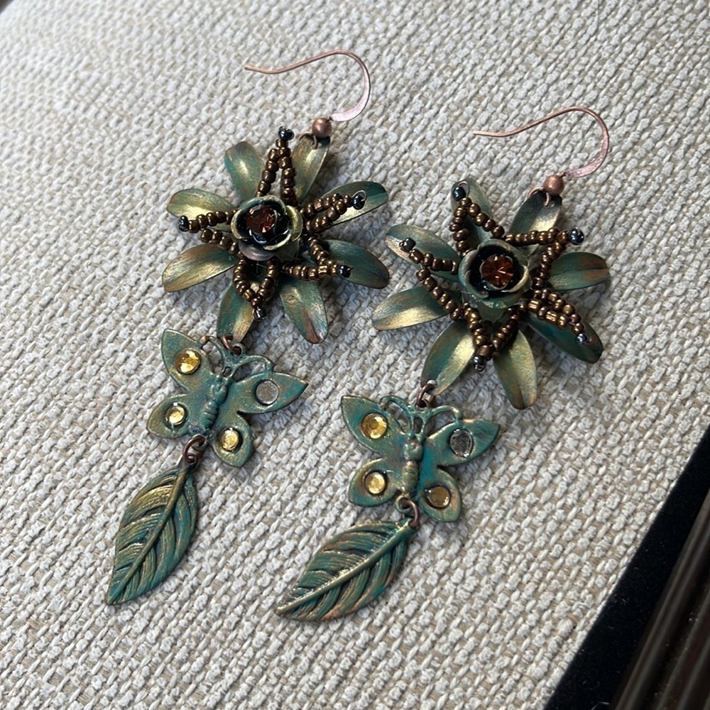 FLOWER & Butterfly Green Patina And Embellished Dangle Earrings